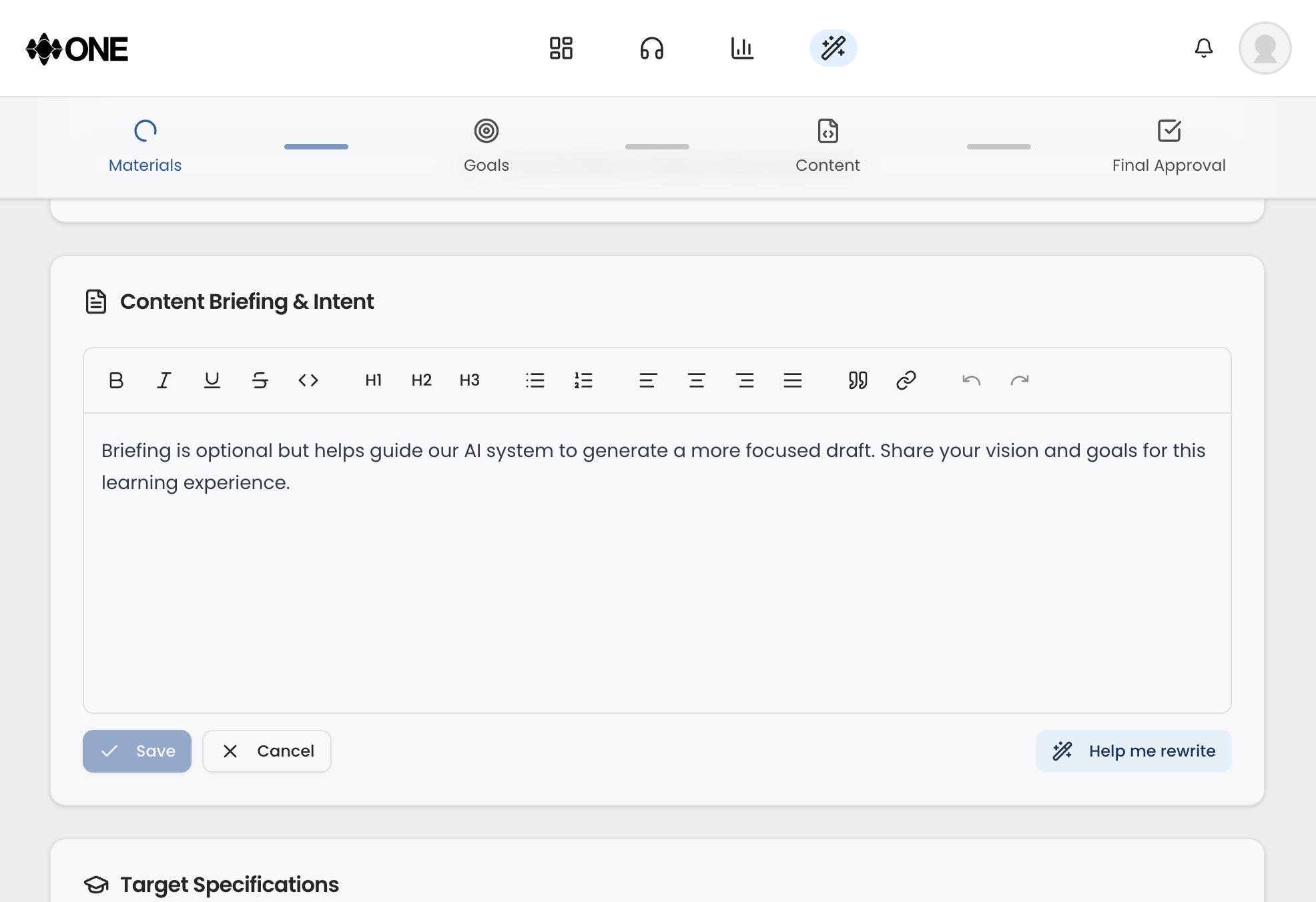 Content briefing edit interface