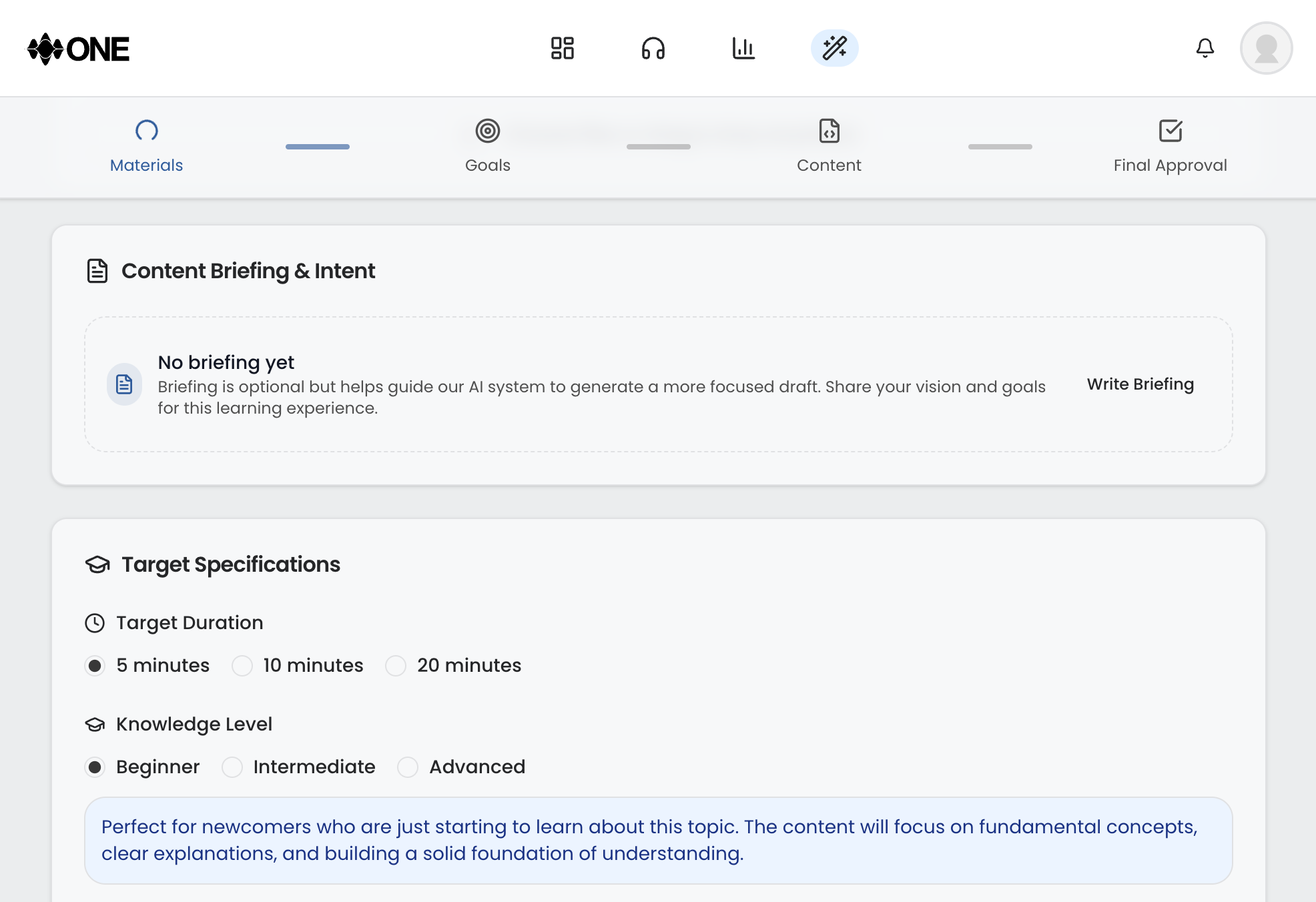 Content briefing interface